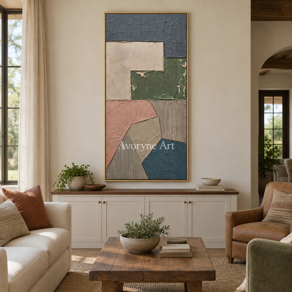 Mineral Interval earth patch texture wall art with a gold frame hanging in a living room