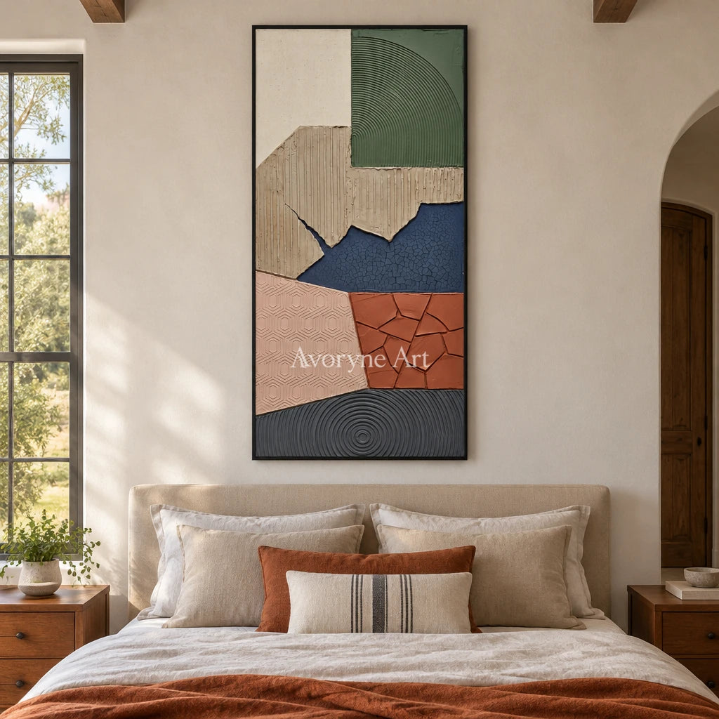 Mineral Verse earth patch texture wall art with a black frame above a bed in a bedroom