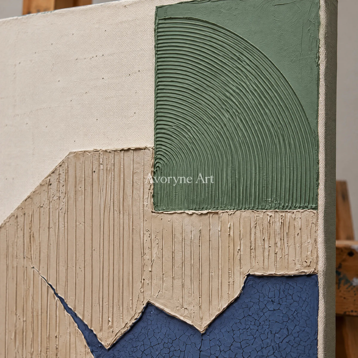 Close-up of the hand-painted texture of Mineral Verse earth patch texture wall art on an easel
