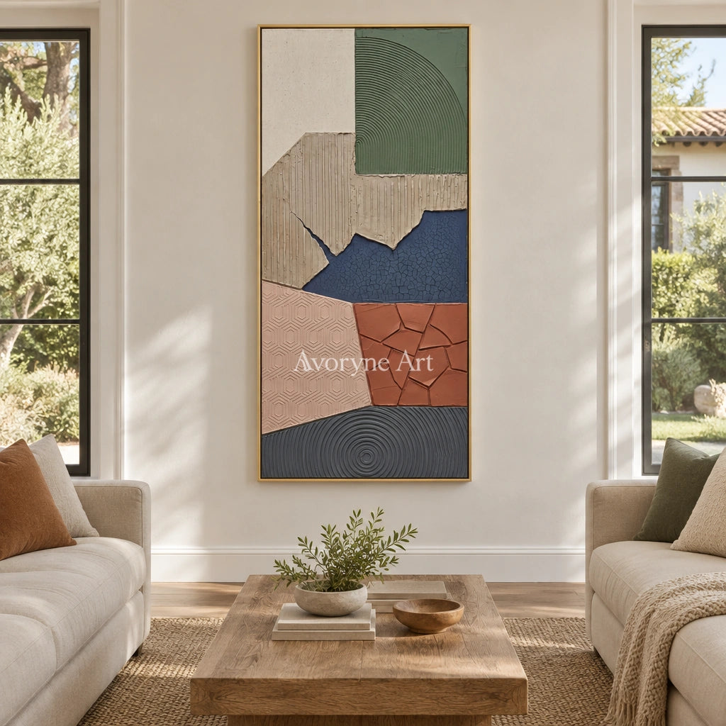 Mineral Verse earth patch texture wall art with a gold frame hanging in a living room