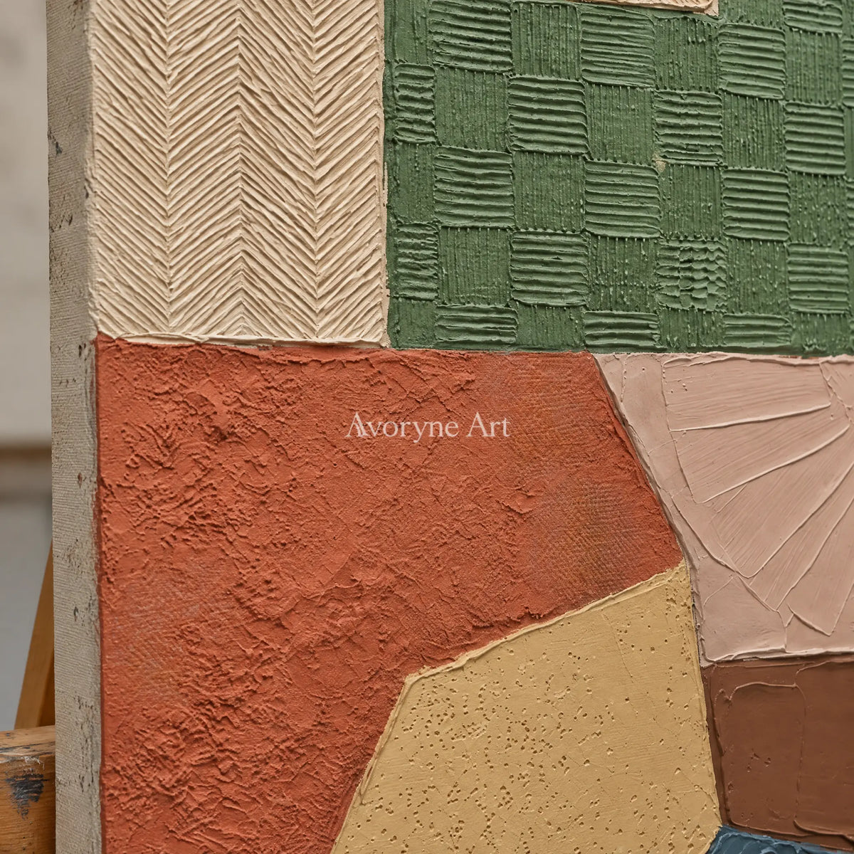 Close-up of the hand-painted texture of Mineral Current earth patch texture wall art on an easel