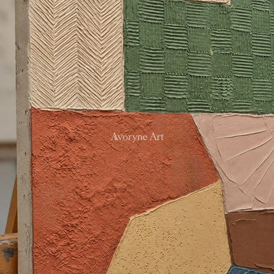 Close-up of the hand-painted texture of Mineral Current earth patch texture wall art on an easel