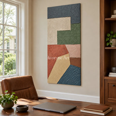 Mineral Current earth patch texture wall art as a frameless stretched canvas in a home office