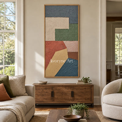 Mineral Current earth patch texture wall art with a wood frame in a villa living space