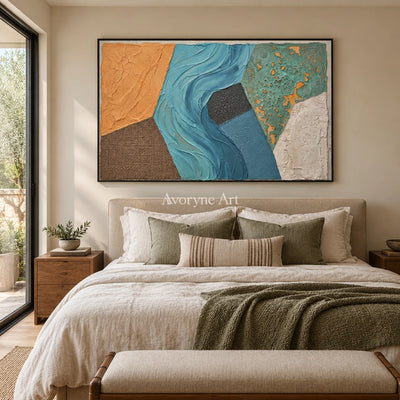 Mineral Mosaic earth patch texture wall art with a black frame above a bed in a bedroom