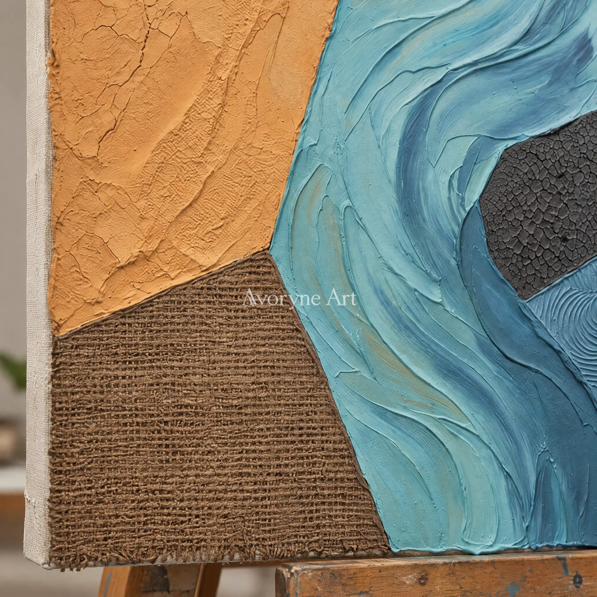 Close-up of the hand-painted texture of Mineral Mosaic earth patch texture wall art on an easel
