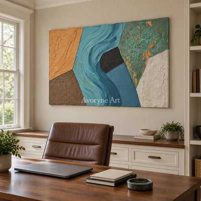 Mineral Mosaic earth patch texture wall art as a frameless stretched canvas in a home office