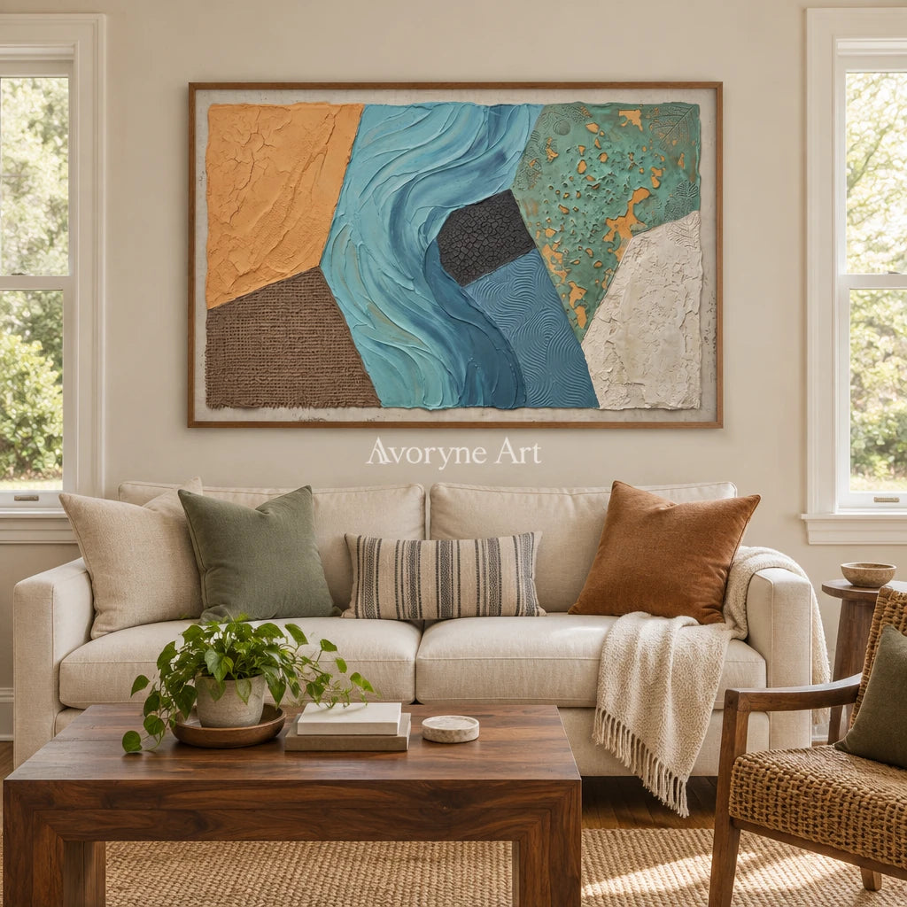 Mineral Mosaic earth patch texture wall art with a wood frame in a villa living space