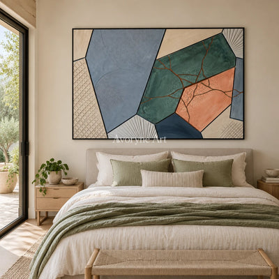 Still Refrain earth patch texture wall art with a black frame above a bed in a bedroom