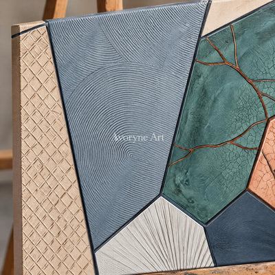 Close-up of the hand-painted texture of Still Refrain earth patch texture wall art on an easel