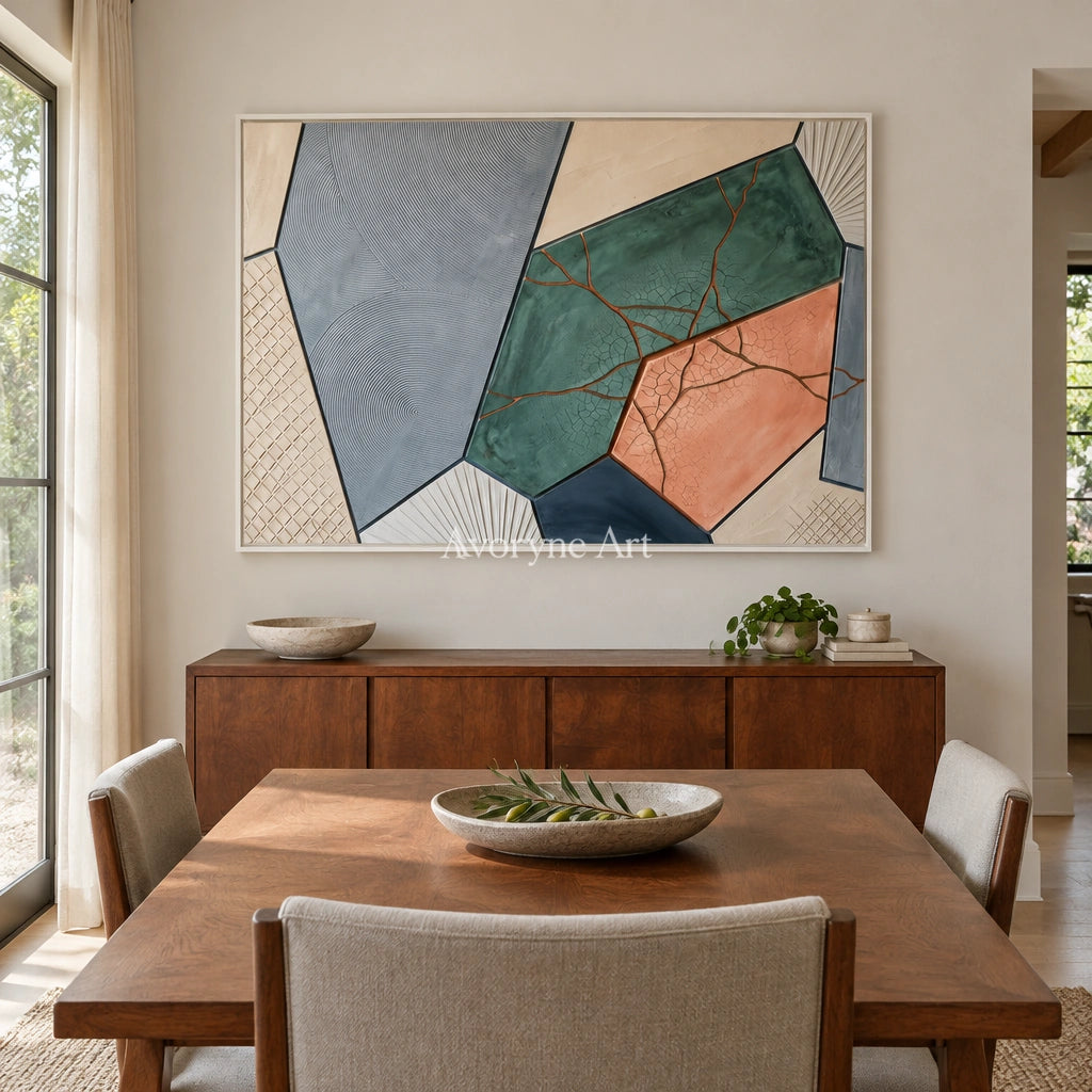 Still Refrain earth patch texture wall art with a white frame in a dining room