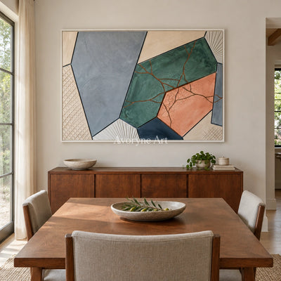 Still Refrain earth patch texture wall art with a white frame in a dining room
