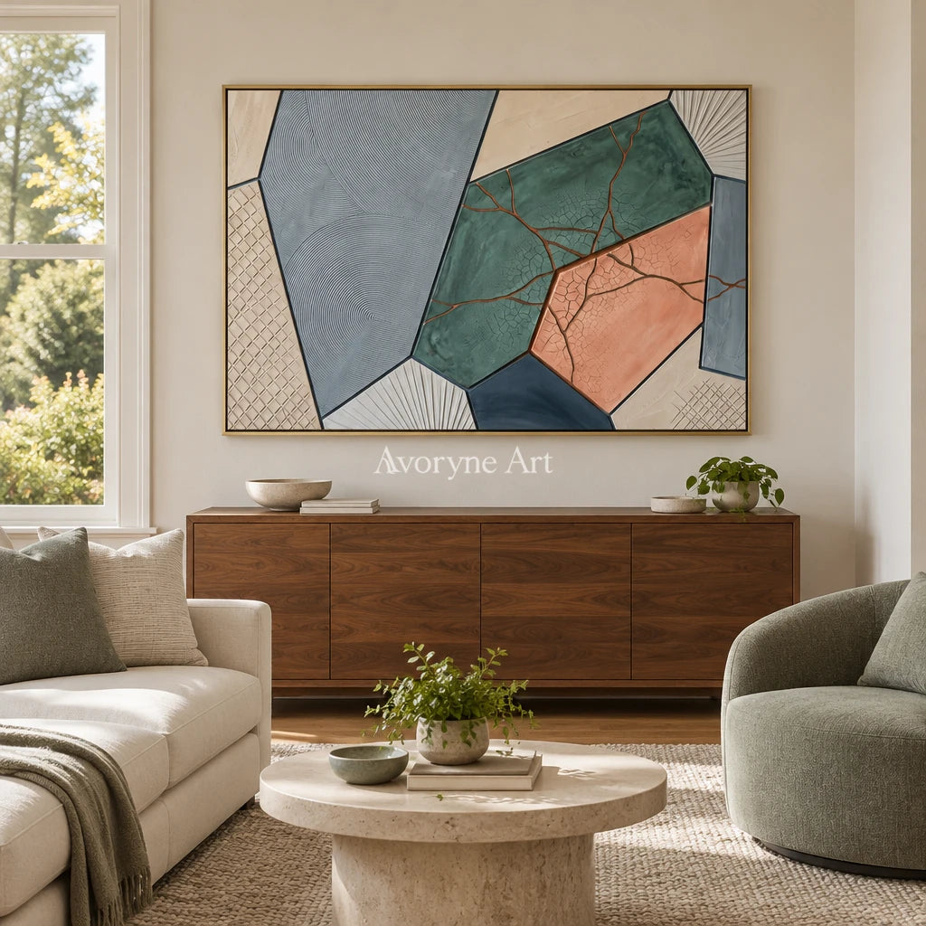 Still Refrain earth patch texture wall art with a gold frame hanging in a living room