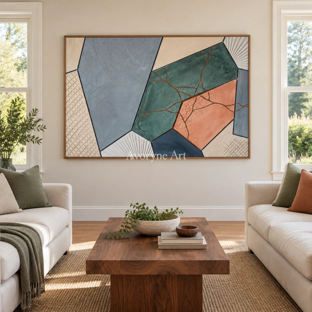 Still Refrain earth patch texture wall art with a wood frame in a villa living space