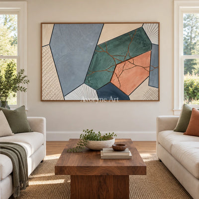 Still Refrain earth patch texture wall art with a wood frame in a villa living space