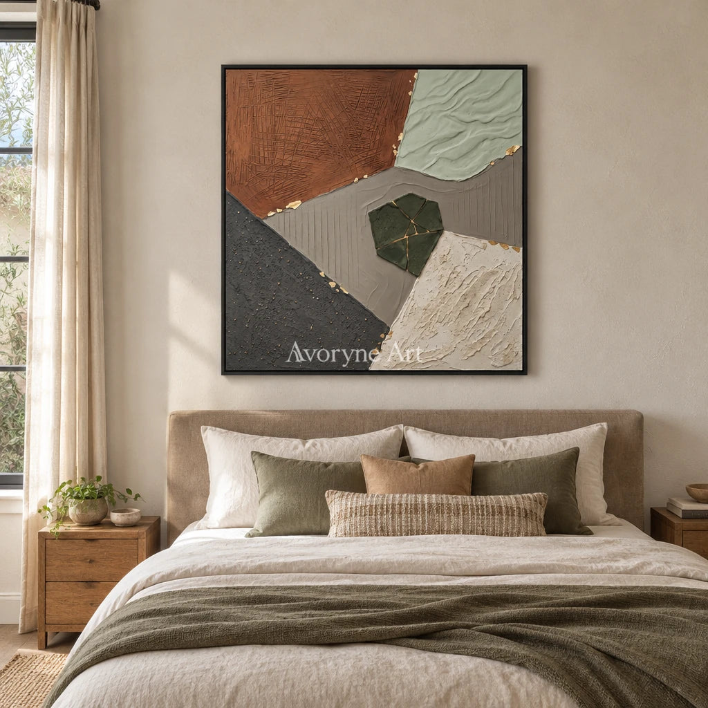 Still Measure earth patch texture wall art with a black frame above a bed in a bedroom