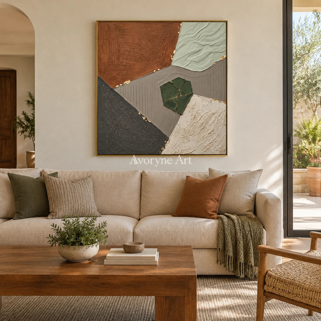 Still Measure earth patch texture wall art with a gold frame hanging in a living room