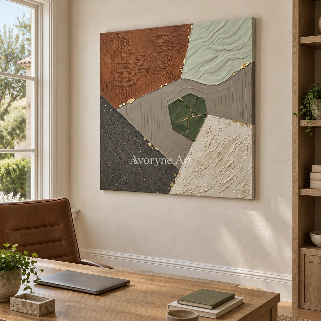 Still Measure earth patch texture wall art as a frameless stretched canvas in a home office