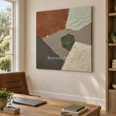 Still Measure earth patch texture wall art as a frameless stretched canvas in a home office