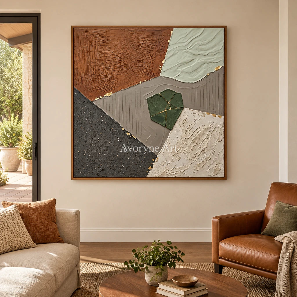 Still Measure earth patch texture wall art with a wood frame in a villa living space