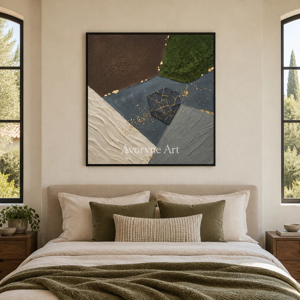 Still Sonata earth patch texture wall art with a black frame above a bed in a bedroom