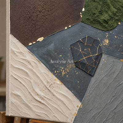 Close-up of the hand-painted texture of Still Sonata earth patch texture wall art on an easel