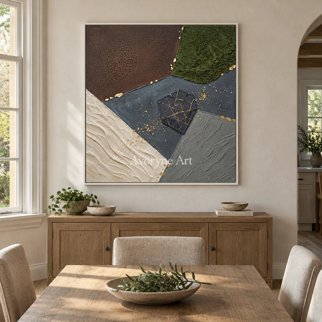 Still Sonata earth patch texture wall art with a white frame in a dining room
