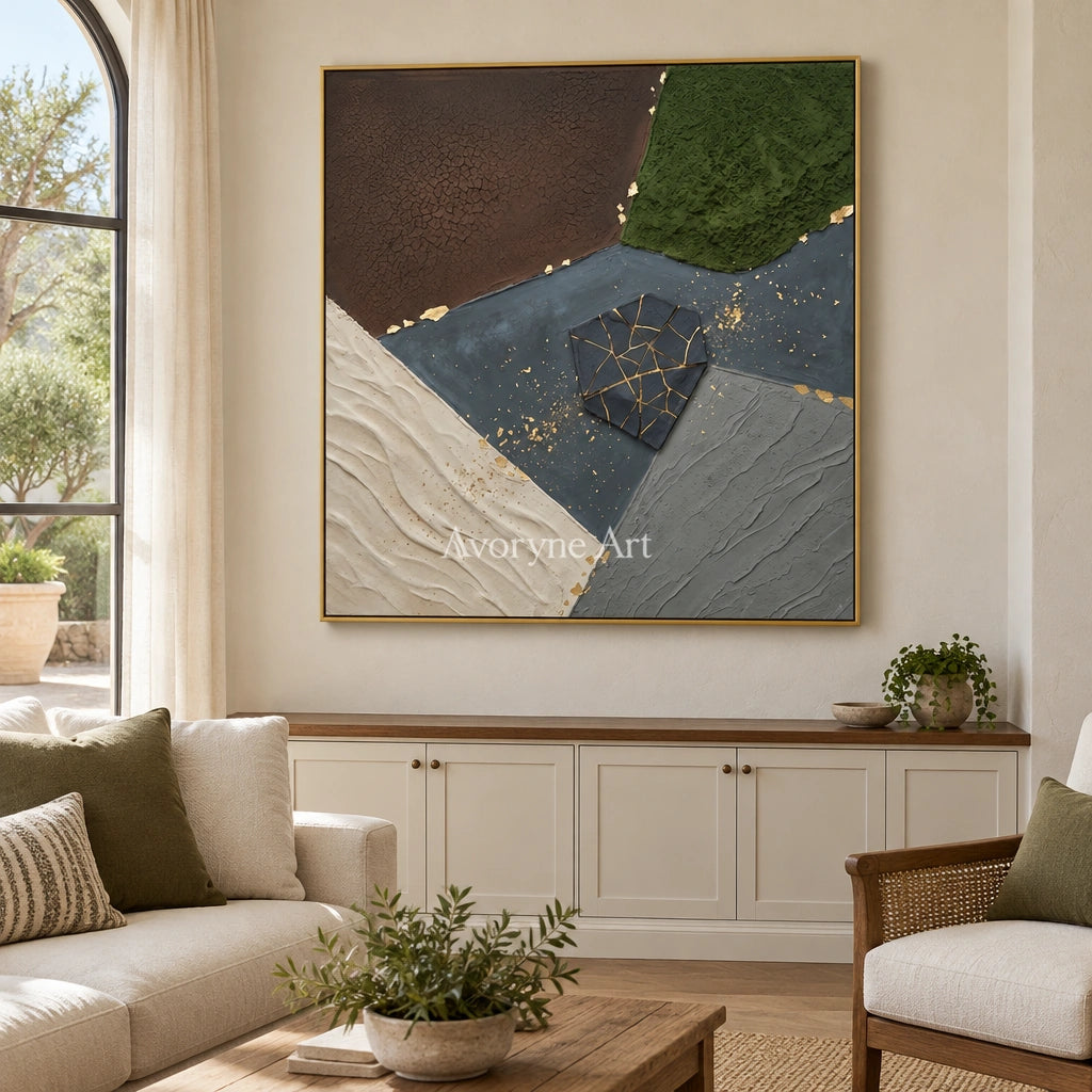 Still Sonata earth patch texture wall art with a gold frame hanging in a living room