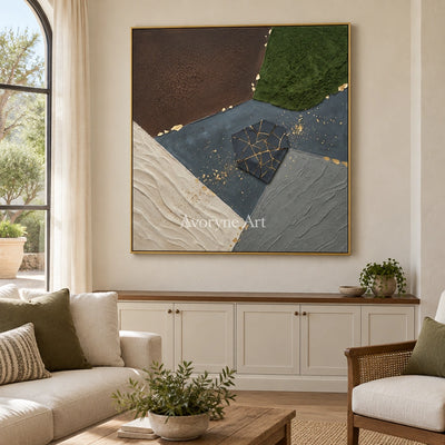 Still Sonata earth patch texture wall art with a gold frame hanging in a living room