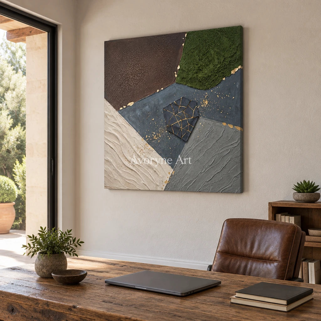 Still Sonata earth patch texture wall art as a frameless stretched canvas in a home office