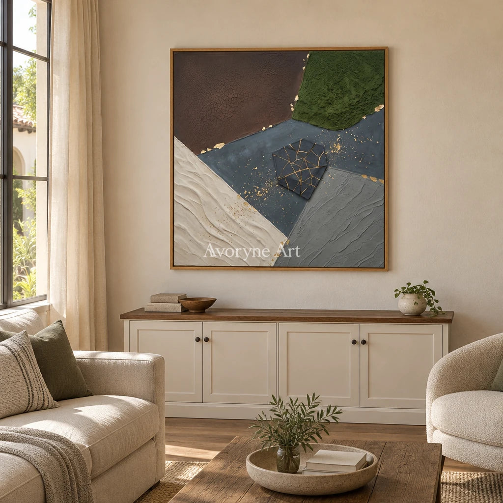 Still Sonata earth patch texture wall art with a wood frame in a villa living space