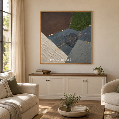 Still Sonata earth patch texture wall art with a wood frame in a villa living space