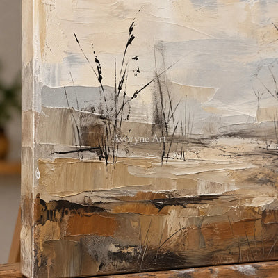 Close-up of the hand-painted texture of Bright Mosaic earth tone landscape wall art on an easel