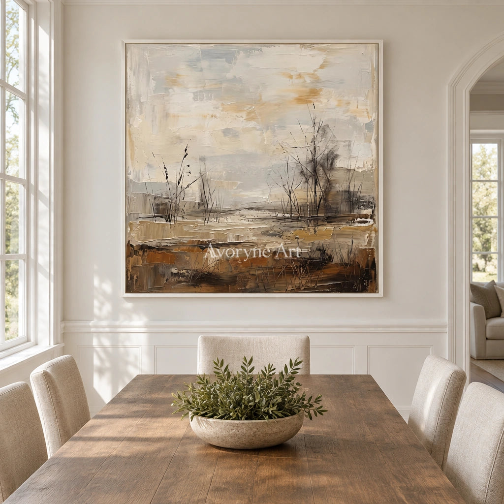 Bright Mosaic earth tone landscape wall art with a white frame in a dining room
