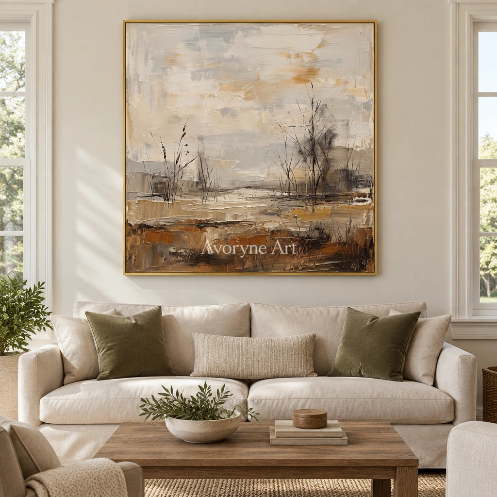 Bright Mosaic earth tone landscape wall art with a gold frame hanging in a living room