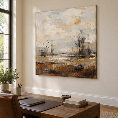 Bright Mosaic earth tone landscape wall art as a frameless stretched canvas in a home office