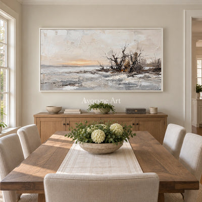 Bright Drift earth tone landscape wall art with a white frame in a dining room
