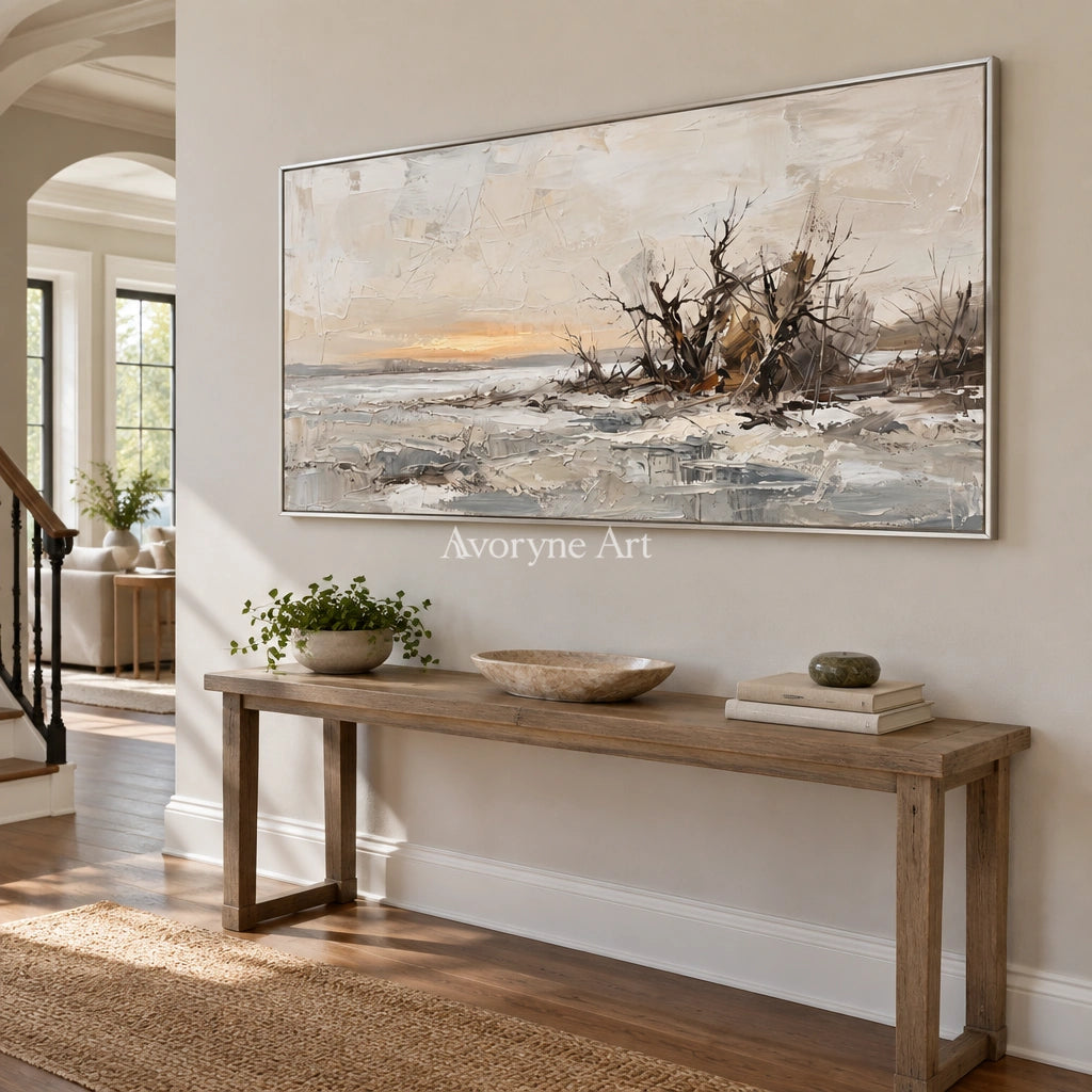 Bright Drift earth tone landscape wall art with a silver frame in an entryway