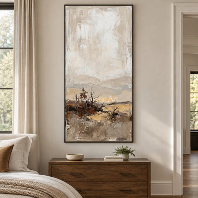 Bright Verse earth tone landscape wall art with a black frame above a bed in a bedroom