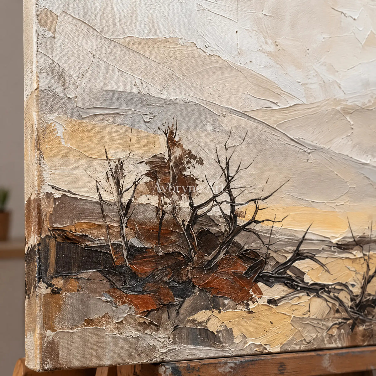 Close-up of the hand-painted texture of Bright Verse earth tone landscape wall art on an easel