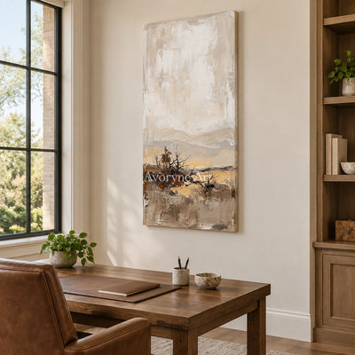 Bright Verse earth tone landscape wall art as a frameless stretched canvas in a home office