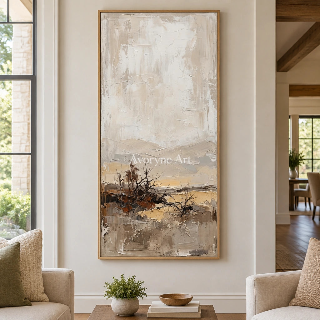 Bright Verse earth tone landscape wall art with a wood frame in a villa living space