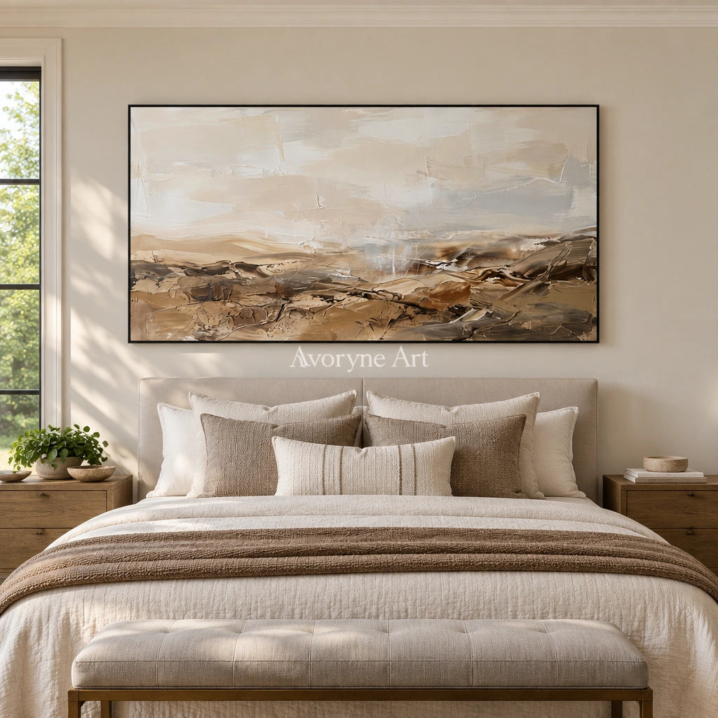 Bright Story earth tone landscape wall art with a black frame above a bed in a bedroom