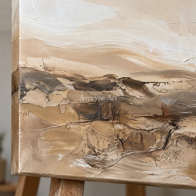 Close-up of the hand-painted texture of Bright Story earth tone landscape wall art on an easel