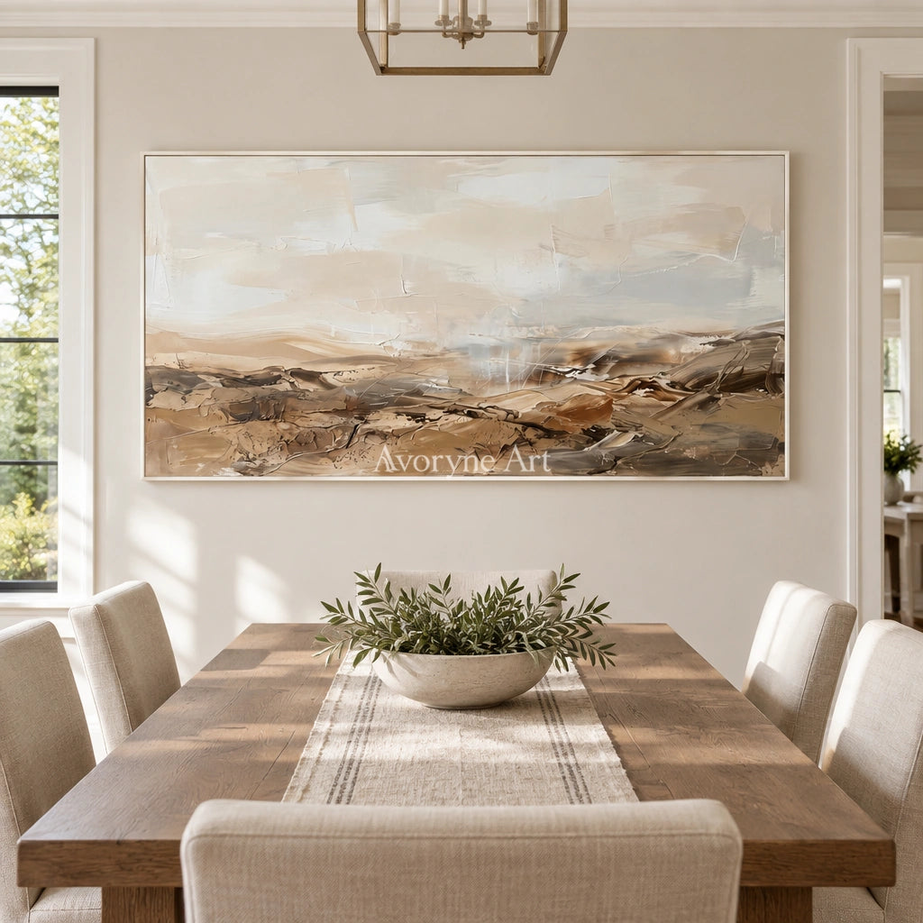 Bright Story earth tone landscape wall art with a white frame in a dining room