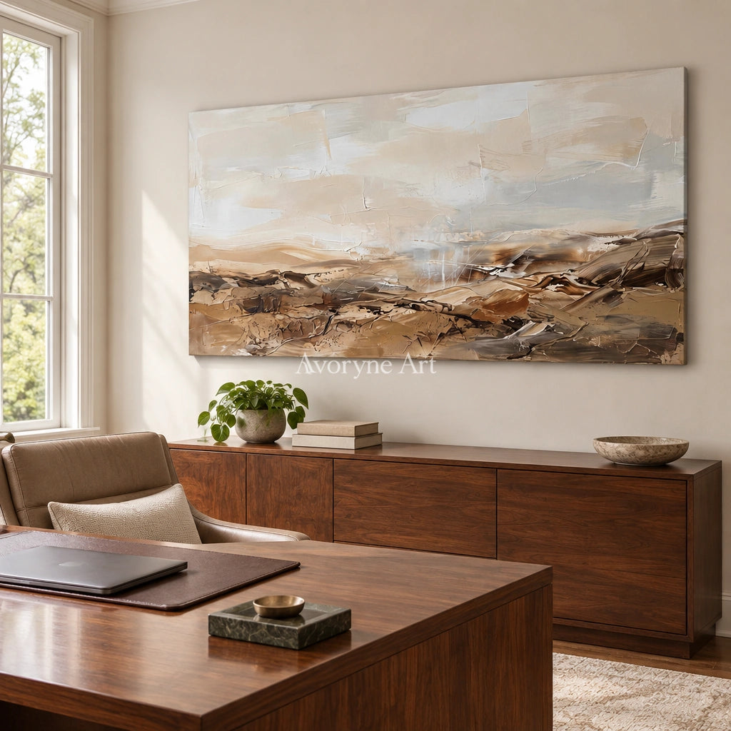 Bright Story earth tone landscape wall art as a frameless stretched canvas in a home office
