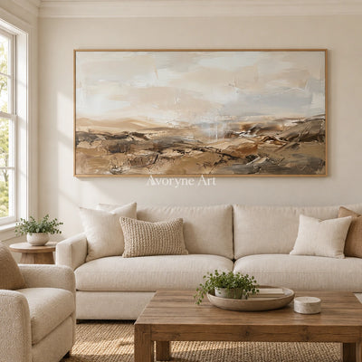 Bright Story earth tone landscape wall art with a wood frame in a villa living space
