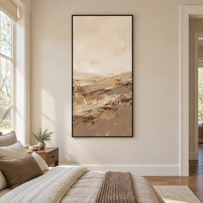 Bright Vista earth tone landscape wall art with a black frame above a bed in a bedroom
