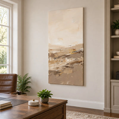 Bright Vista earth tone landscape wall art as a frameless stretched canvas in a home office