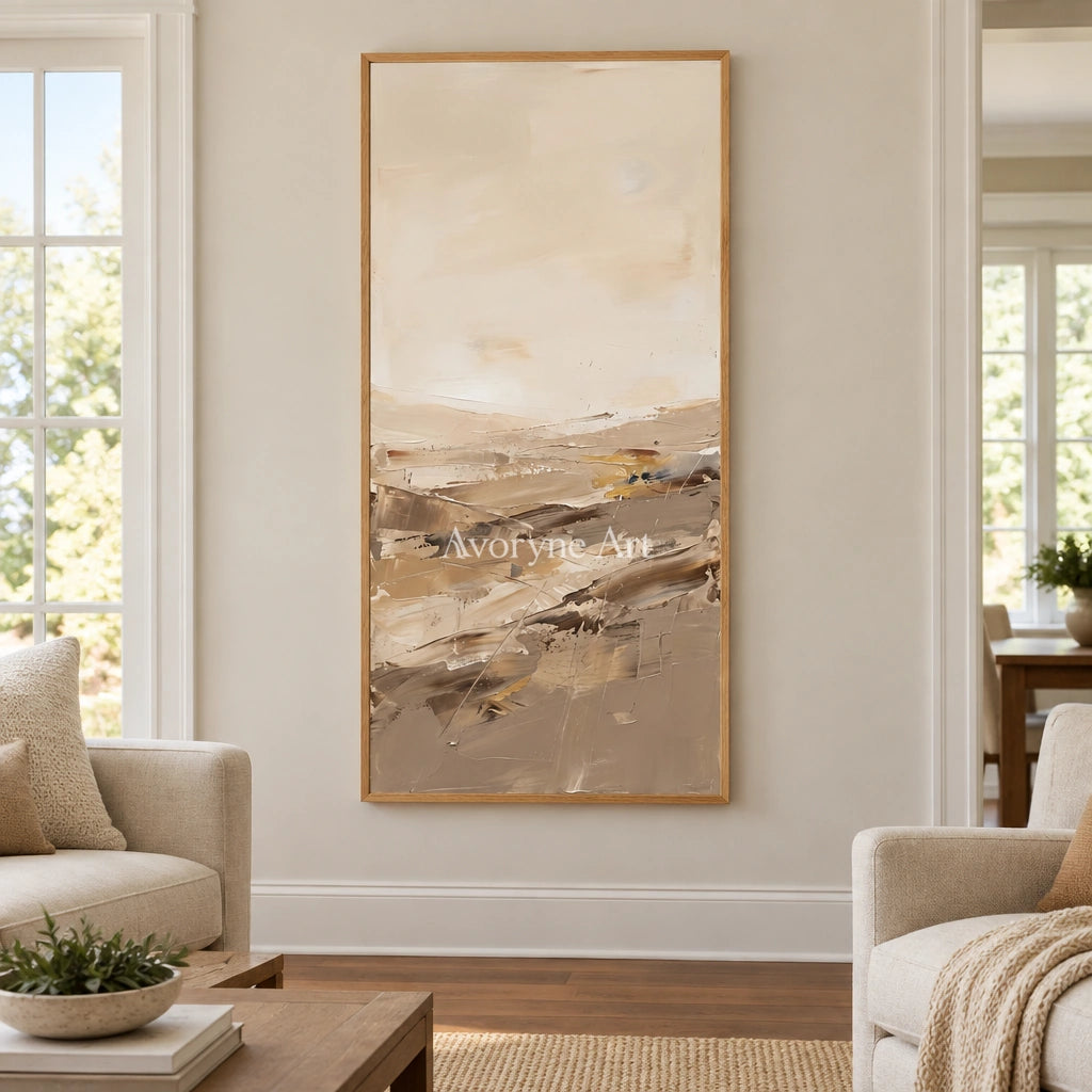 Bright Vista earth tone landscape wall art with a wood frame in a villa living space